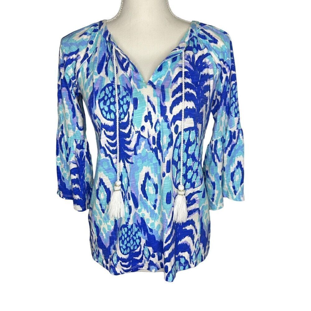 Lilly Pulitzer Tropi Call Me Print Women's Blue Pineapple Shirt Size XXS